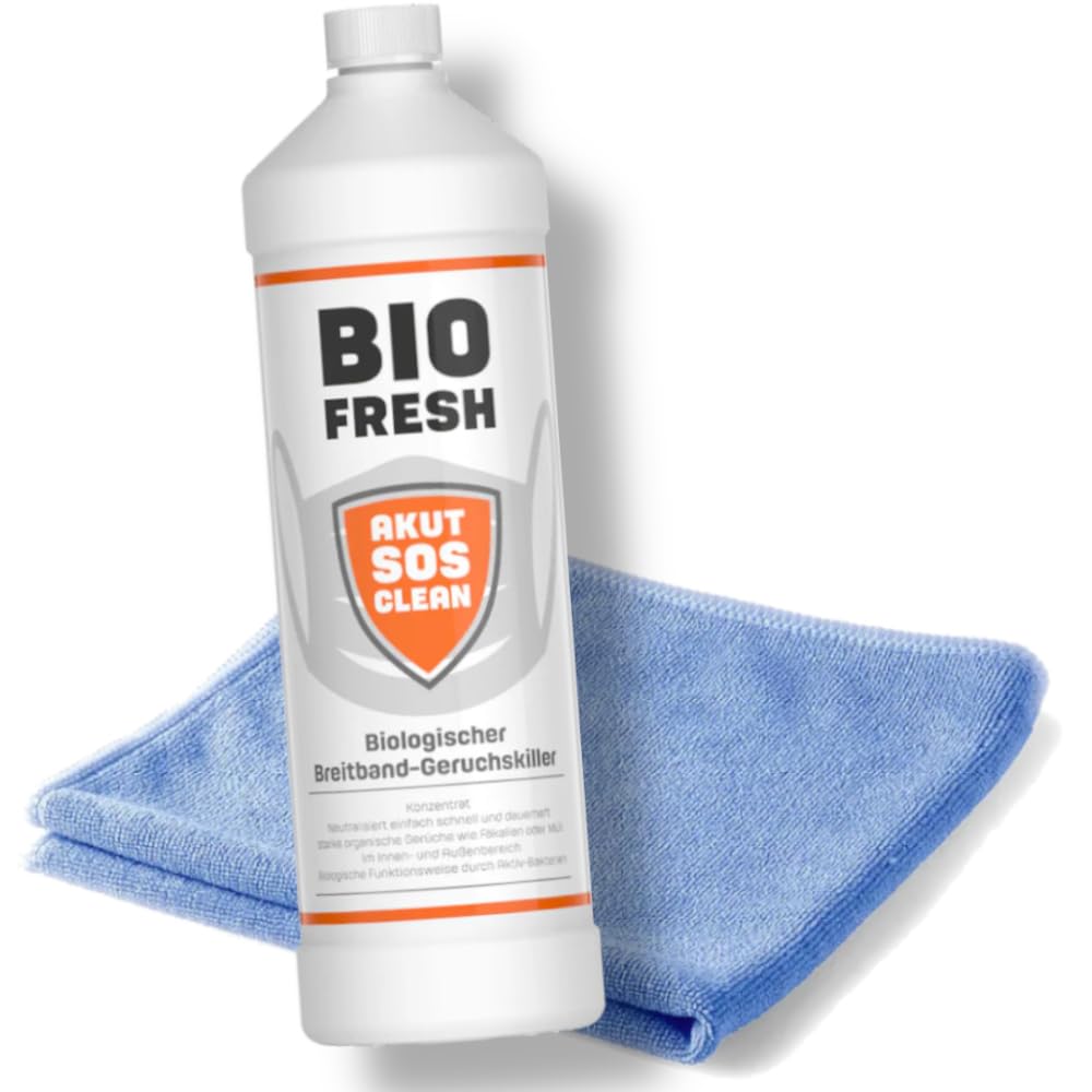 Smaku noņemšanas līdzeklis Akut SOS Clean BIO FRESH, bioloģisks plaša spektra smaku likvidētājs 1L - fermentu tīrītājs, novērš organiskas smakas no dzīvnieku urīna, fekālijām, atkritumiem + bezmaksas mikrošķiedras lupatiņa