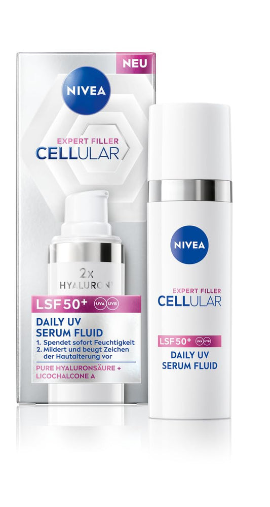 Saules serums sejai NIVEA Cellular Expert Filler Hyaluron-Serum ar SPF 50+, viegls ātri uzsūcošs serums ar tīru hialuronu, pretgrumbu kopšana, ikdienas UV seruma fluīds (30 ml)