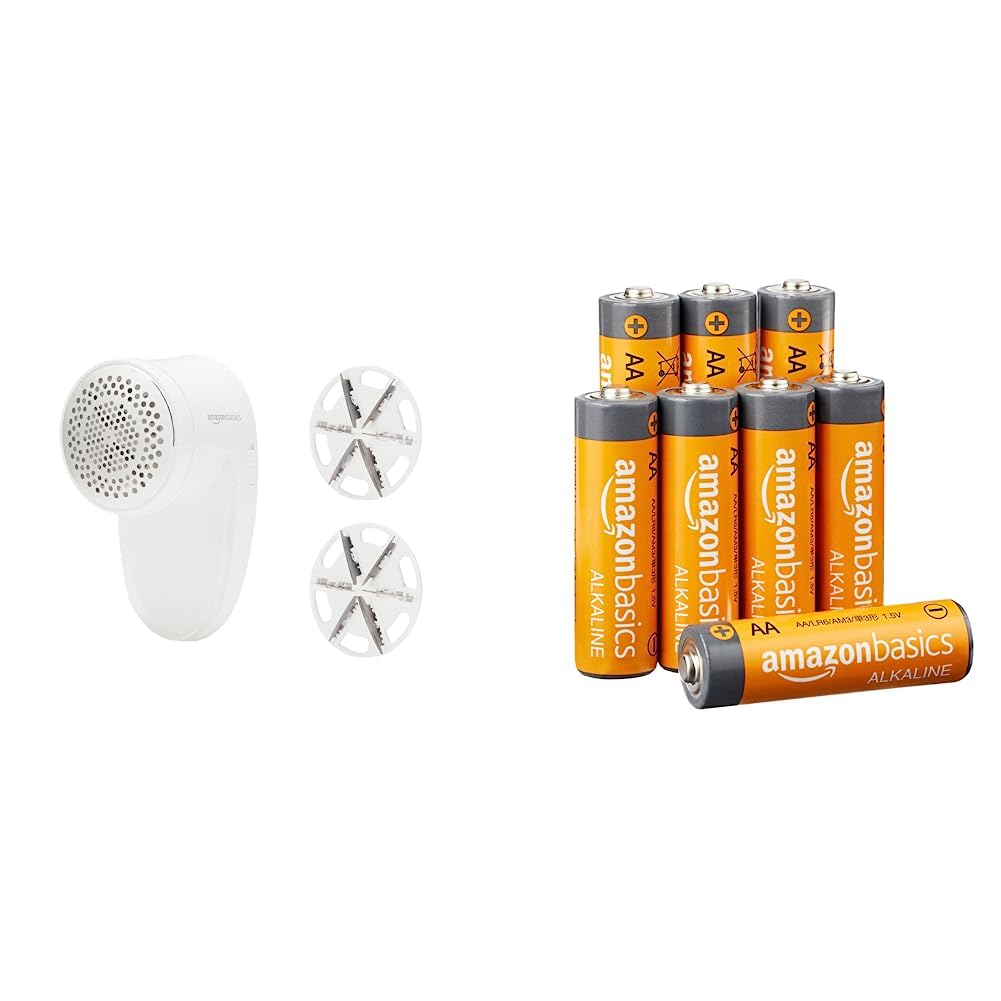 Amazon Basics auduma skūšanās mašīna, akumulatora darbināts pūku un vilnas noņemšanas rīks ar 2 rezerves asmeņiem, balts un AA sārma baterijas, jaudīgs, 1,5 V, 8 gabali.