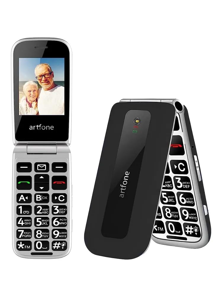 Vecāka gadagājuma cilvēku mobilais telefons artfone F20 2G Dual-SIM ar atbloķēšanu, SOS poga, ātrzvans, lielo pogu salokāmais telefons, USB-C, uzlādes doks, FM radio, lukturītis, 1300 mAh akumulators - melns