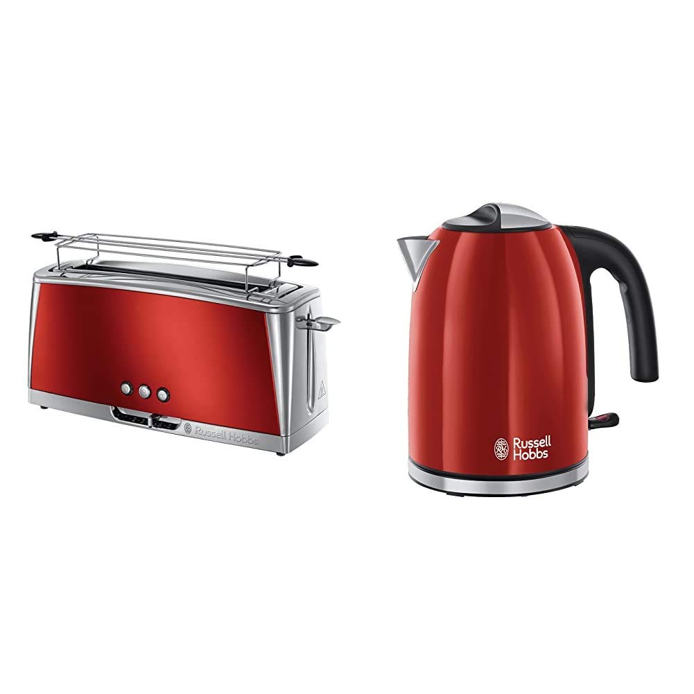 Russell Hobbs garais tosteris Luna sarkans, paplašināta 1 garā tosteru kamera, 6 regulējami brūnināšanas līmeņi + atkausēšanas un uzsildīšanas funkcija, 1420W, 23250-56 un tējkanna Colours+ sarkana, 1,7l, 2400W