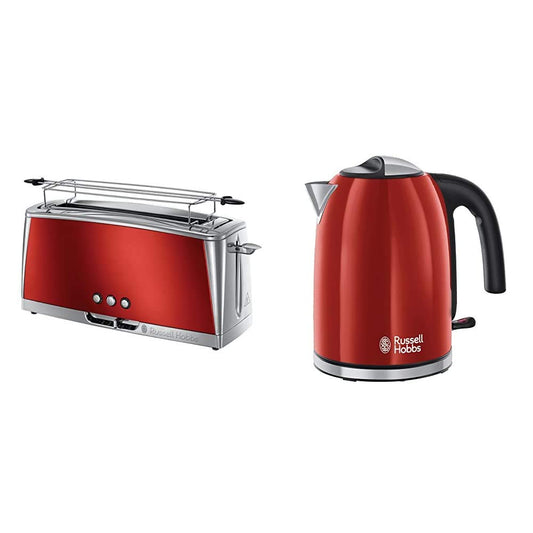 Russell Hobbs garais tosteris Luna sarkans, paplašināta 1 garā tosteru kamera, 6 regulējami brūnināšanas līmeņi + atkausēšanas un uzsildīšanas funkcija, 1420W, 23250-56 un tējkanna Colours+ sarkana, 1,7l, 2400W