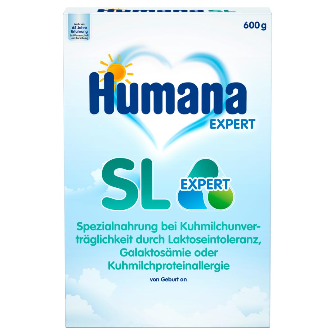 Humana SL Expert maisījums no dzimšanas, speciāls uzturs pie govs piena nepanesības laktāzes nepanesības, galaktozēmijas vai govs piena olbaltumvielu alerģijas gadījumā, zīdaiņiem un maziem bērniem, 600 g