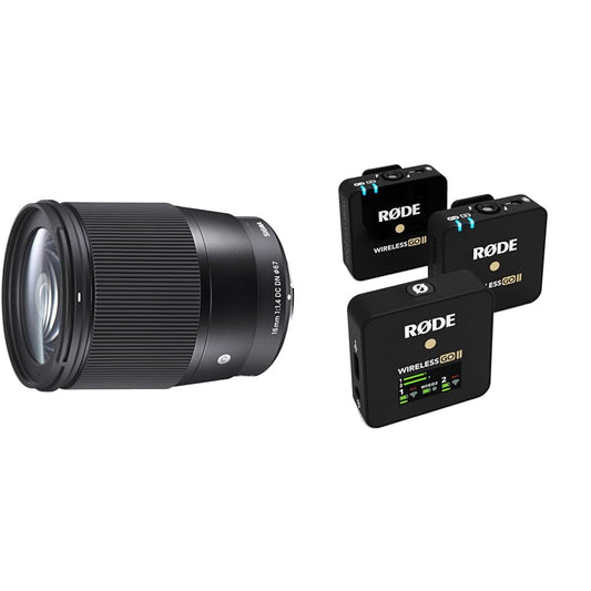 Sigma 16mm F1,4 DC DN mūsdienu objektīvs Sony E bajonetam un RØDE Wireless GO II ultrakompakts bezvadu divkanālu mikrofona sistēma