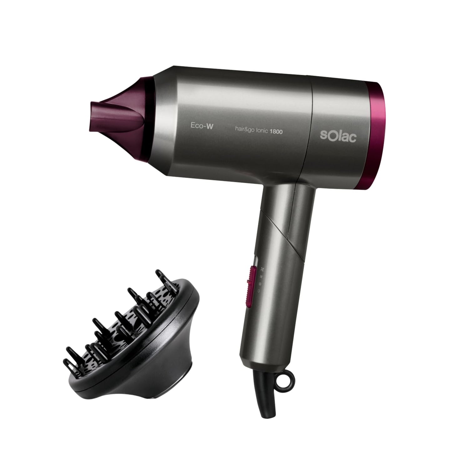 Solac Hair & Go Ionic 180, salokāms, ultraviegls, 2000 W, žāvēšanas jauda, 1800 W, jonu matu fēns, 2 ātrumi un 2 temperatūras, pelēks