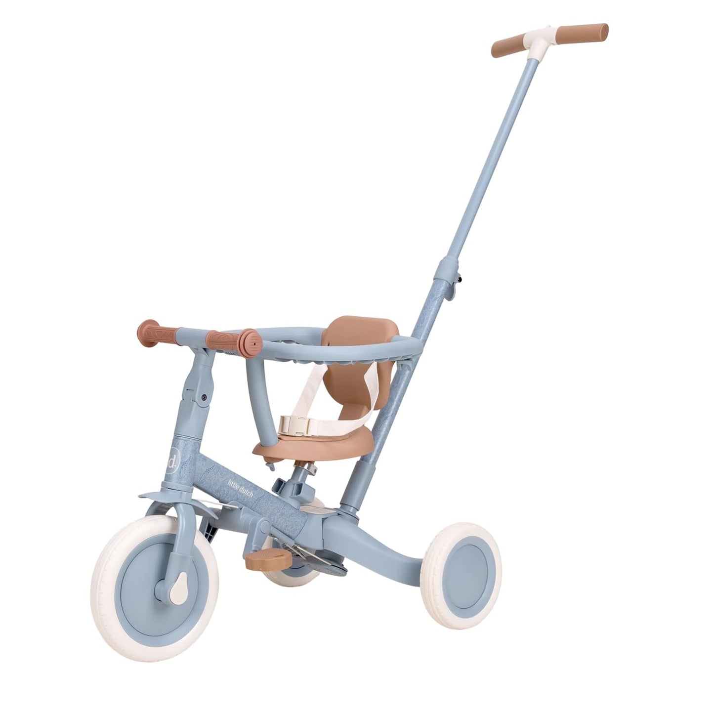 Bērnu trīsritenis Little Dutch 4-in-1 ar stumšanas rokturi, pedāļiem, drošības jostu un gredzenu, līdzsvara ritenis, 1-3 gadi, zils