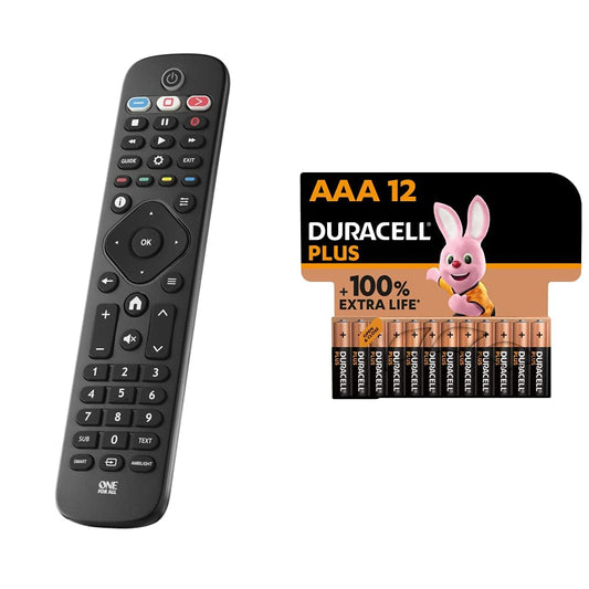 Viens visiem Philips TV tālvadības pults - darbojas ar visiem Philips TV/Smart TV - ideāla TV rezerves tālvadības pults un Duracell Plus AAA mikro sārma baterijas, 1.5V LR03 MN2400, 12 gabalu iepakojums.
