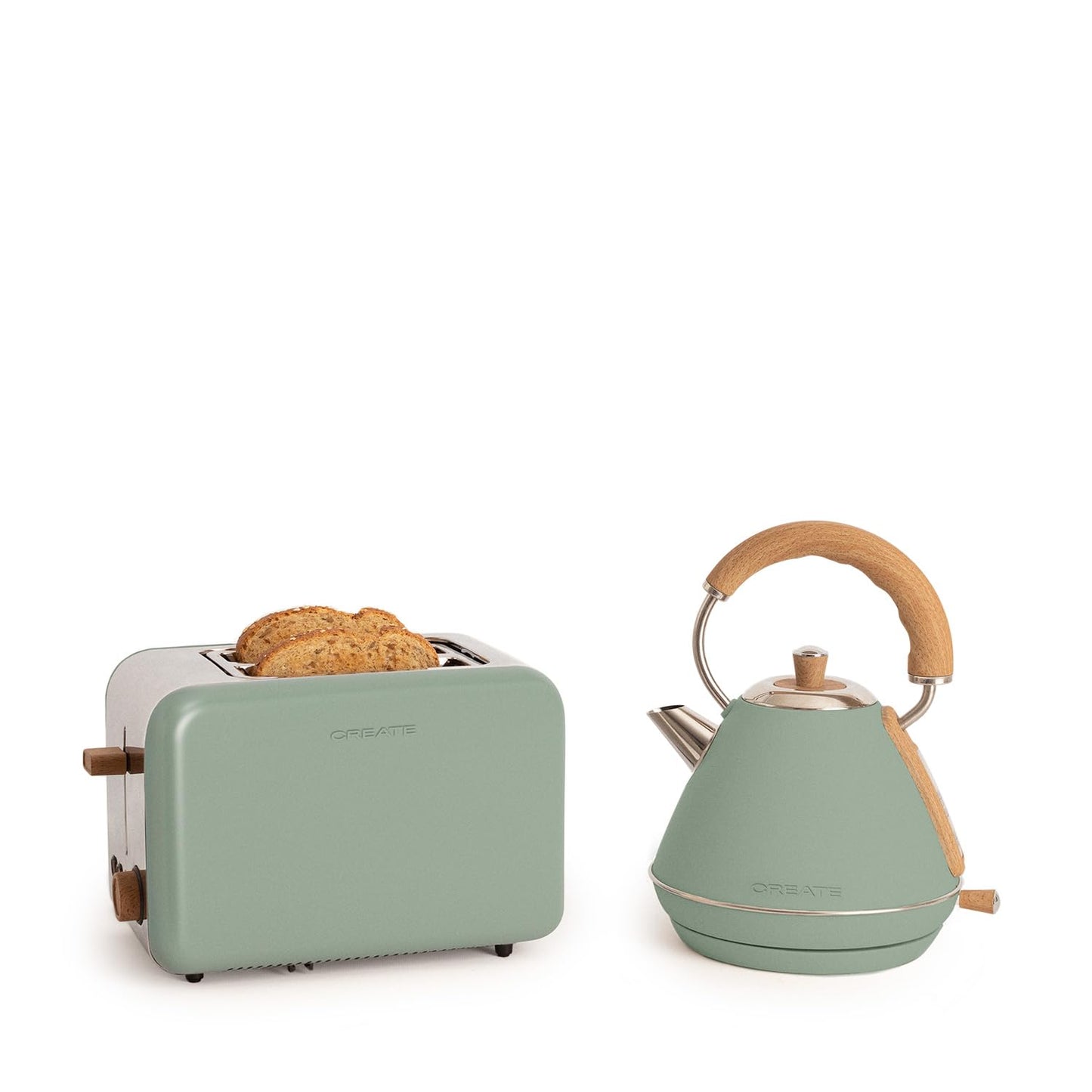 Tosteris un elektriskā tējkanna CREATE/PACK TOAST RETRO + KETTLE RETRO M ar tējkannu Grün-Sage, 1L, retro komplekts