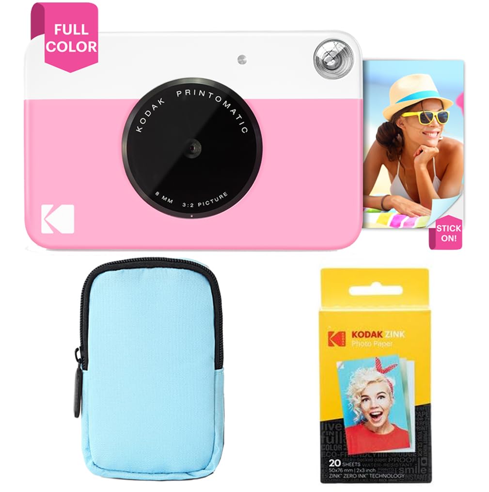 KODAK Printomatic - Instant print camera starter kit with soft case and 20 Zink photo papers for 2x3 inch color photos - Pink
