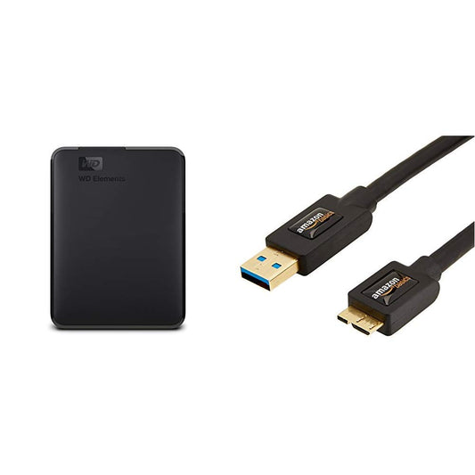 WD Elements Portable, ārējā cietā diska - 2 TB - USB 3.0 - WDBU6Y0020BBK-WESN & Amazon Basics USB 3.0 kabelis (A savienotājs uz Micro-B savienotāju) 1,8 m (atpakaļsaderība ar USB 2.0 un 1.1)