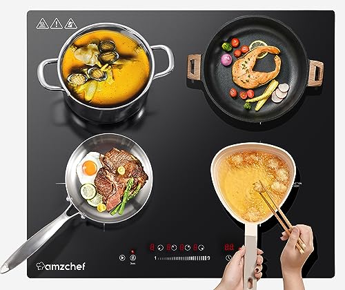 AMZCHEF Iebūvējamā indukcijas plīts virsma 4 zonas, 9 jaudas līmeņi indukcijas plīts virsma 60cm 7000W ar skārienjutīgu slīdni un drošības bloķēšanu, plīts virsma ar 4 gatavošanas laukiem, pauzes funkciju un 99 minūšu taimeri.