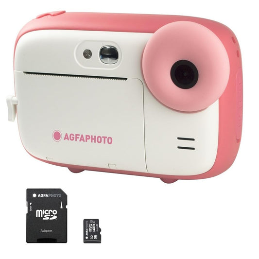 AGFA Photo Realikids Instant Cam - 2.4" LCD, 32GB Micro-SD, selfie mirror, photo filters, pink kids' camera.