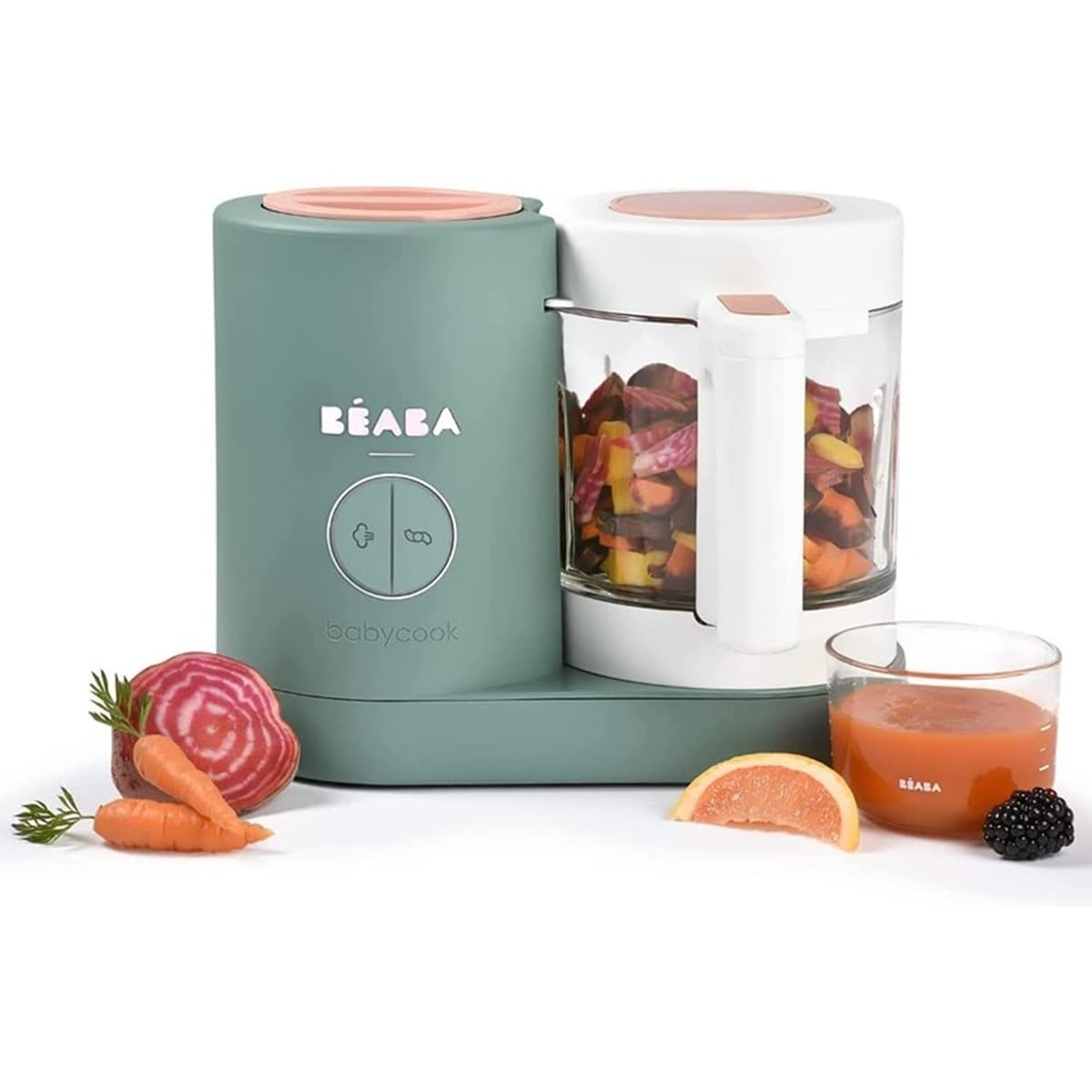 Bērnu pārtikas pagatavošanas aparāts Béaba Babycook Neo – 4 in 1 virtuves kombains, blenderis un tvaicētājs, ātrai mājās gatavotai pārtikai, stikla trauks, nerūsējošā tērauda tvertne, eikalipta krāsā
