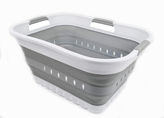 Veļas grozs 30L, SAMMART salokāms plastmasas grozs ar 3 rokturiem, izvelkams uzglabāšanas grozs un pārnēsājama mazgāšanas vanna, vietu taupošs, balts/pelēks
