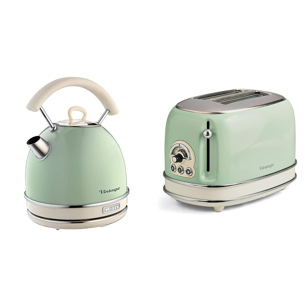 Tējkanna Ariete 2877 Vintage, 2000 Watt, 1,7 Liter, bēša/zaļa, nerūsējošais tērauds un tosteris 155 ar 2 slotiem Vintage Vert