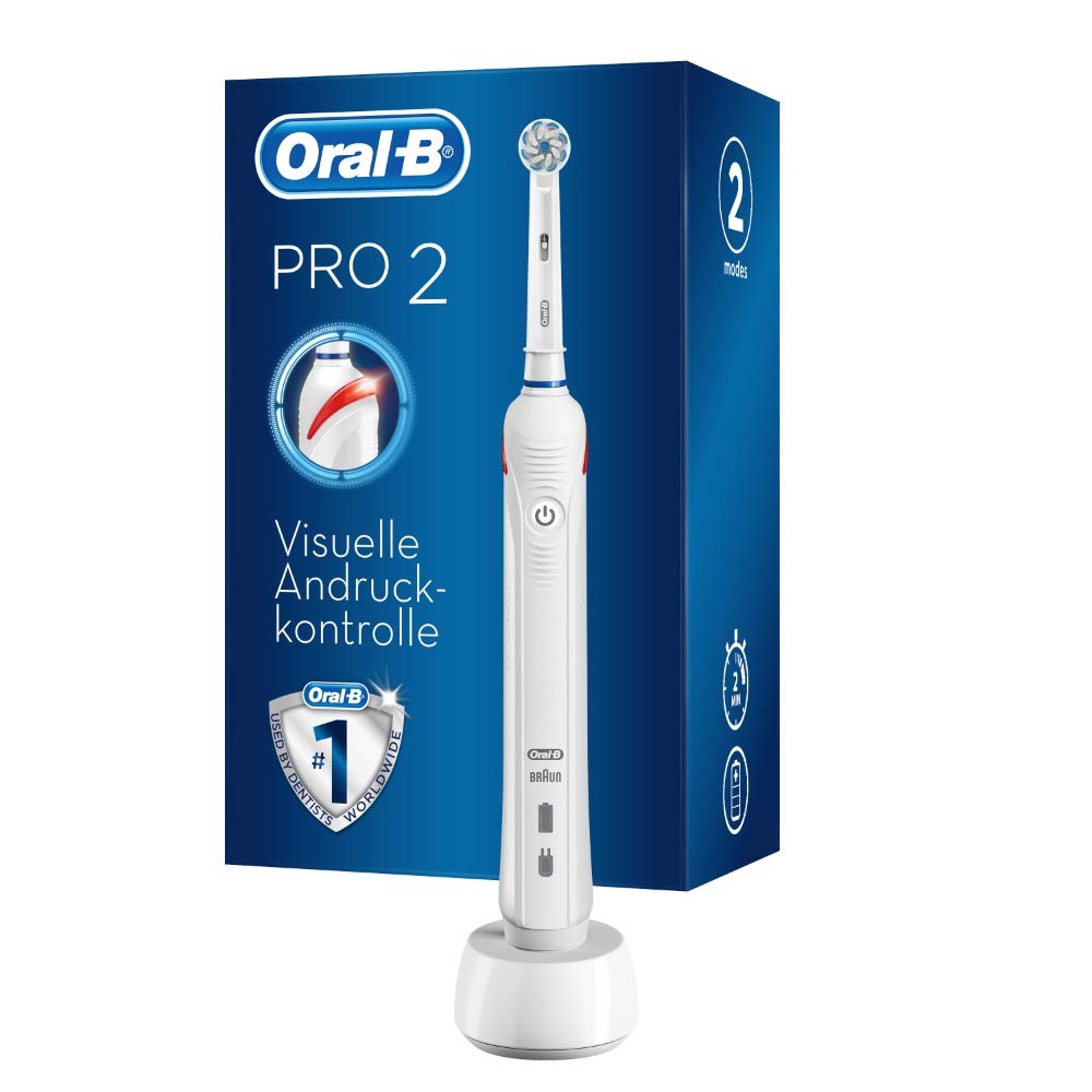 Oral-B PRO 2 elektriskā zobu birste ar vizuālo spiediena kontroli papildu smaganu aizsardzībai, 2 tīrīšanas programmas, tostarp jutīgā, taimeris, 1 Sensitive Clean uzlikama birste, balta