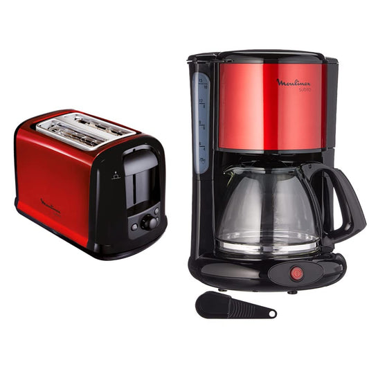Moulinex LT261D tosteris Subito, metāla sarkans, sarkans, melns & FG360D filtrējošā kafijas automāts Subito | Stikla kanna | 10-15 tasītes | Automātiskā izslēgšanās funkcija | Nerūsējošais tērauds | Sarkans/Melns