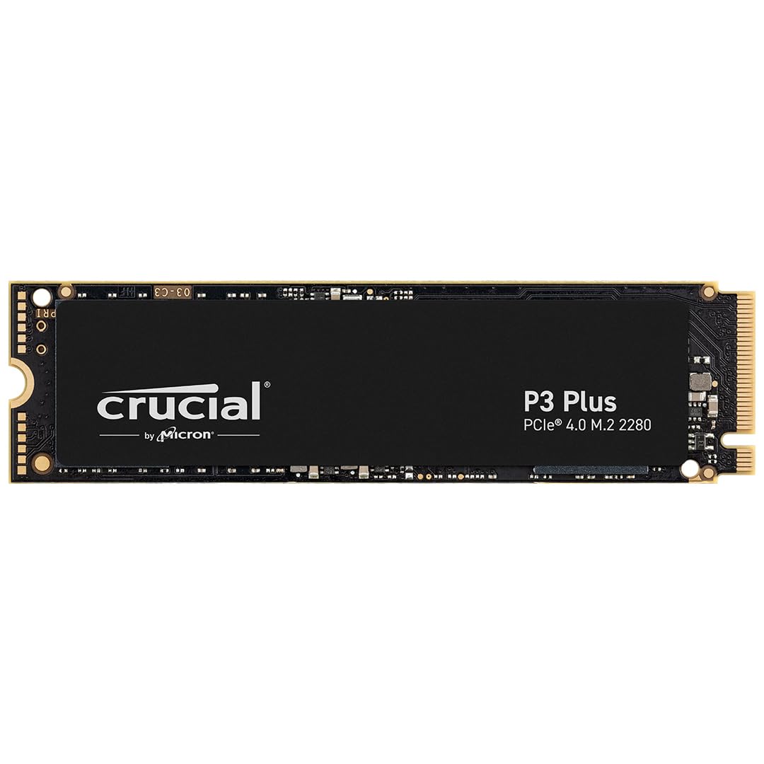 Crucial P3 Plus SSD 1TB - 5000 MB/s read, 3600 MB/s write, M.2 PCIe Gen4, compatible with laptops and desktops.
