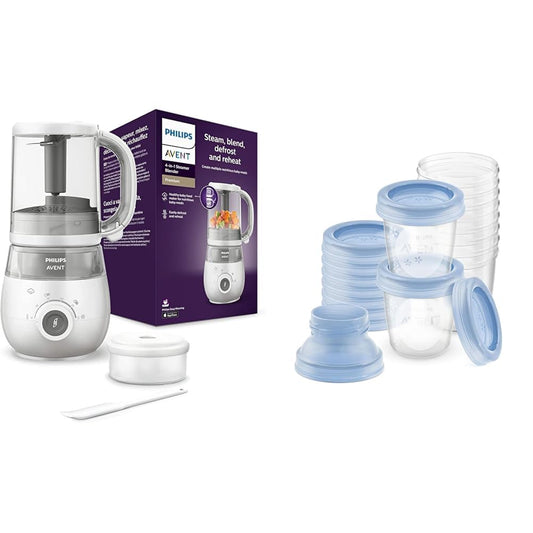 Kūkuļu tvaicētājs un blenderis AVENT 4-in-1 Premium, bērnu pārtikas pagatavotājs, mazgājams trauku mazgājamajā mašīnā, SCF883/01 + Philips AVENT mātes piena uzglabāšanas sistēma SCF618/10