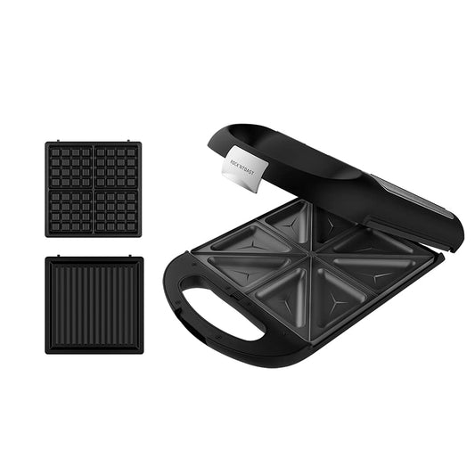 Cecotec Sandwichmaker Rock´nToast Family 3in1. 4 sviestmaizēm nerūsējošā tērauda izpildījumā, 1500 W jauda, ar 3 nepiedegošām un maināmām plāksnēm.
