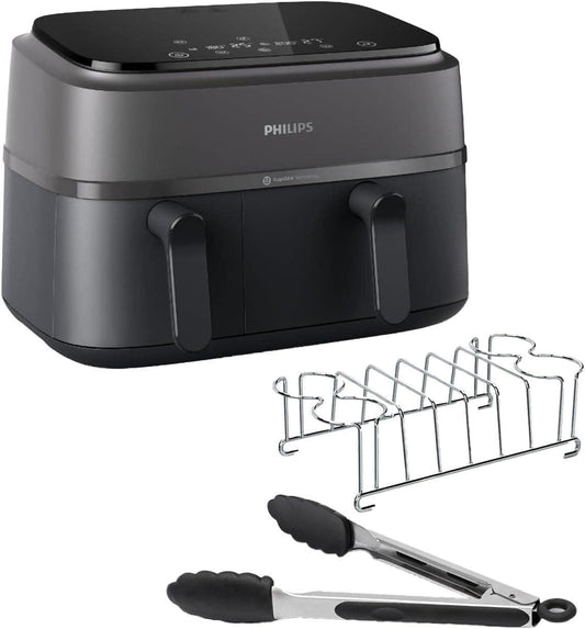 Philips Dual Basket Airfryer 3000 - 9L, 2 drawers, sync function, Rapid Air technology, versatile hot air frying for family.