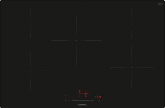 Siemens EH801HVB1E iQ100, viedā indukcijas plīts virsma, 80 cm, melna, līdzenā, TouchSlider, inteliģentā nosūcēja automātika – ideāla plīts un nosūcēja saderība.