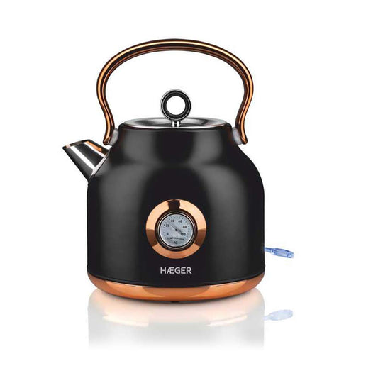 Haeger EK-22B.024A - Art Deco Black electric kettle, 2200W, 1.7L capacity, cordless design, 360° rotating base.