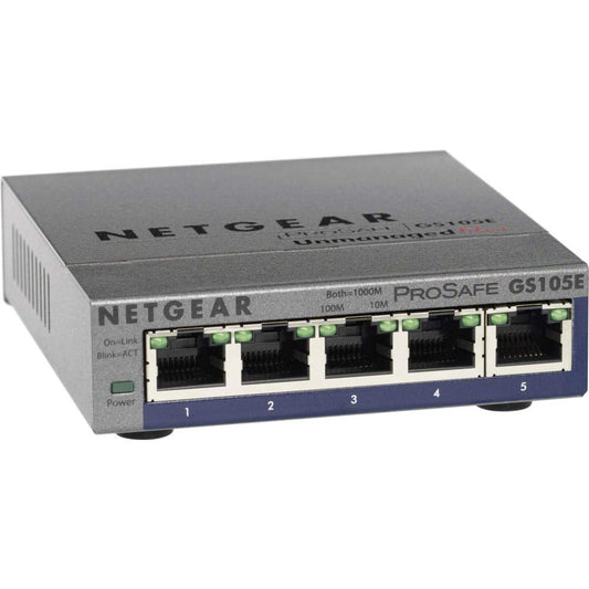 Tīkla slēdzis Netgear GS105E Managed Switch 5 Port Gigabit Ethernet LAN Switch Plus, IGMP, QoS, VLAN, bez ventilatora, izturīgs metāla korpuss, ProSAFE Lifetime-Garantie, pelēks