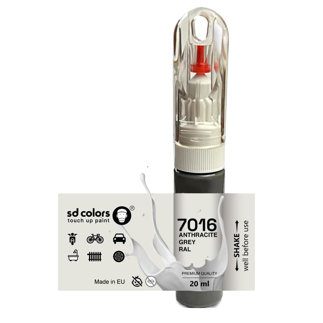 Automašīnas krāsa SD COLORS 20ml antracīta pelēkā RAL 7016 – universāla krāsa metālam, plastmasai, kokam un citām virsmām