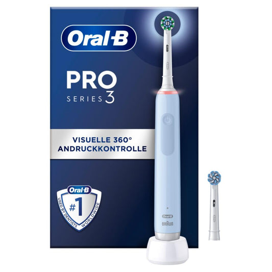 Oral-B PRO 3 3000 elektriskā zobu birste, 2 CrossAction uzlikamās sukas, ar 3 tīrīšanas režīmiem un vizuālo 360° spiediena kontroli zobu kopšanai, dāvana vīrietim/sievietei, zila