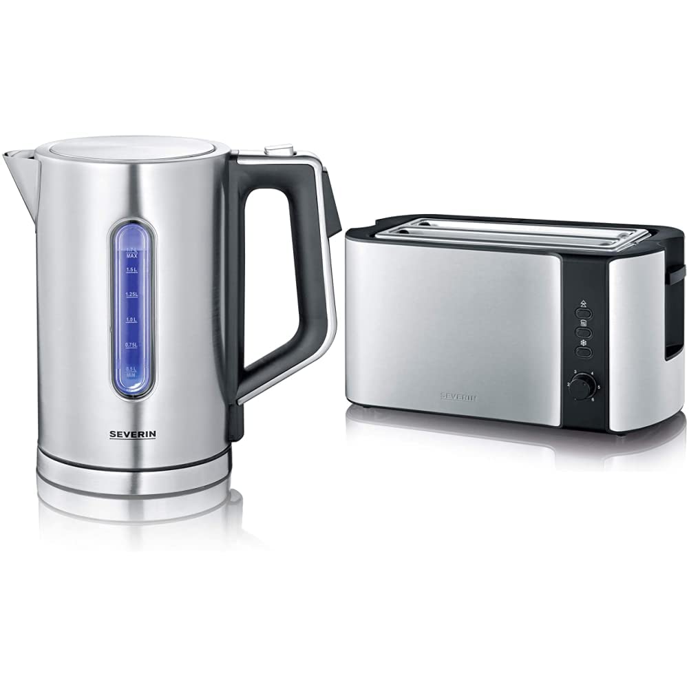 Arbatos virdulys SEVERIN WK 3418, digitāls, Fast-Boil Power, 1,7 l, 3000 W, un automātiskais tosteris AT 2590, 2 garās šķirbās, 1.400 W, nerūsējošais tērauds/melns