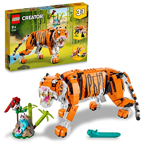 LEGO 31129 Creator - 3-in-1 Majestic Tiger, Panda, or Fish animal figures set for kids, construction toy for boys and girls.