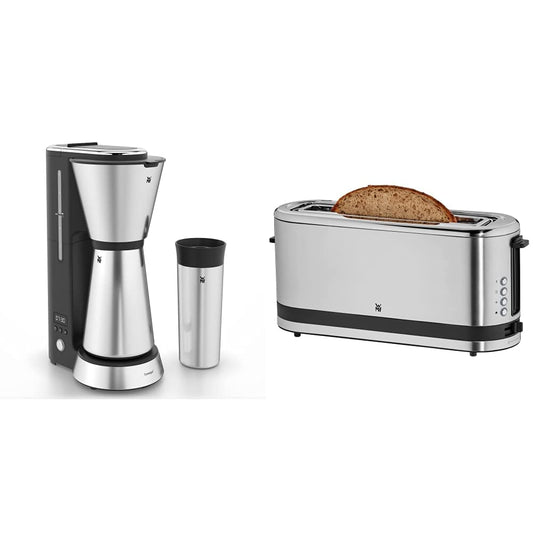 WMF Küchenminis aromātiskā filtrēšanas kafijas automāts ar termosu, cromargan matēts un Küchenminis tosteris ar garo slotu un maizes uzgaļu, 900 W, XXL grauzdiņu šķēles, 7 brūnināšanas līmeņi, tosteris nerūsējošā tērauda matēts