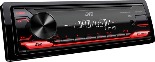 JVC KD-X182DB USB autoradio ar DAB+ (USB, AUX-In, 1 x Pre-Out 2,5V, skaņas procesors, 4x50 W, taustiņu apgaismojums sarkans), melns