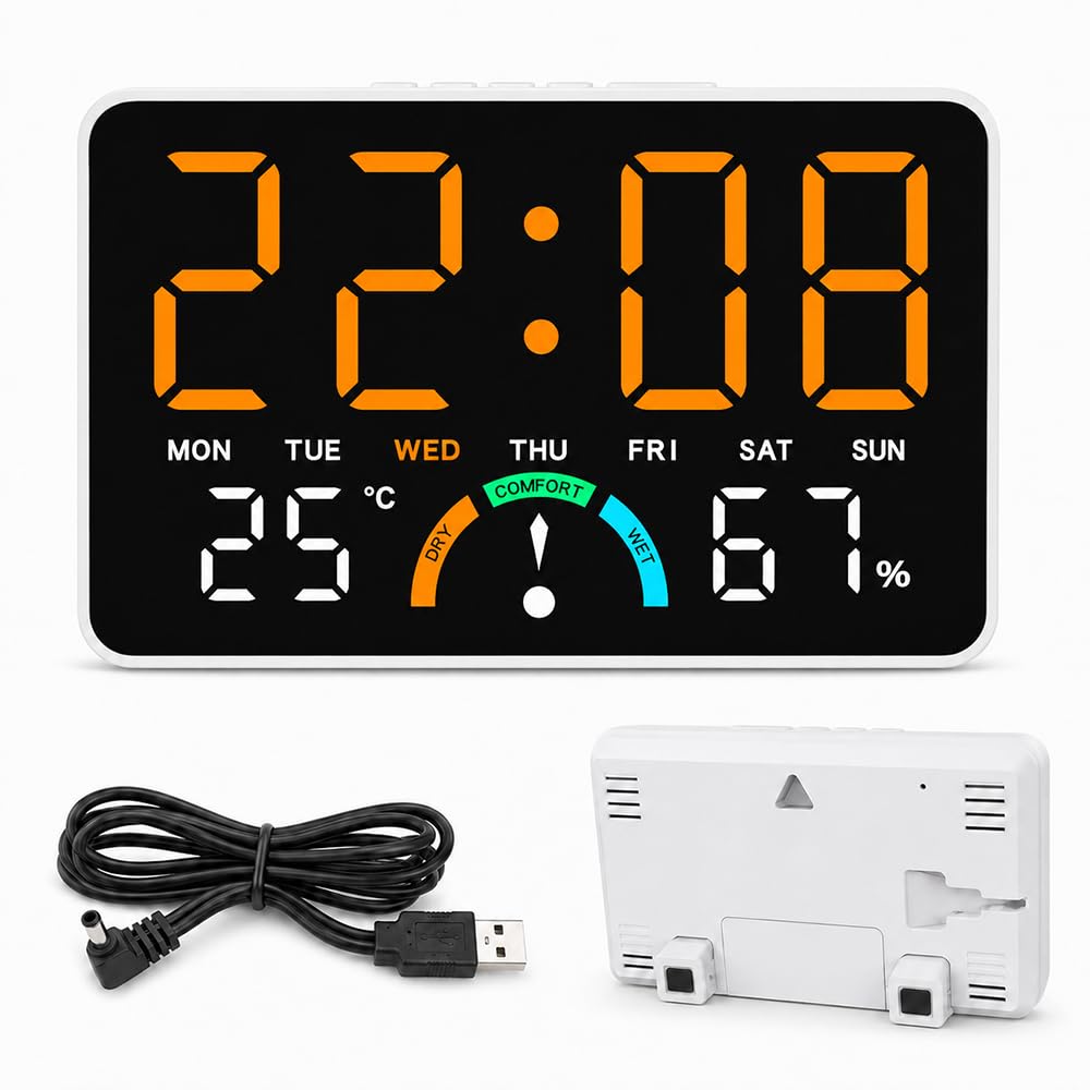 LED digitālais sienas pulkstenis XPJBKC ar modinātāju, temperatūru, datumu, nedēļu, spilgtuma regulēšanu, baterijām darbināms, dzeltena gaisma, 16x10x3.3cm