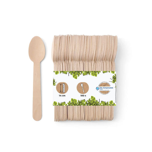 GREENBOX koka karotes - 100 bioloģiski noārdāmas 14 cm zupas karotes, videi draudzīgas un kompostējamas galda piederumi.