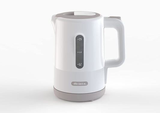 Ariete Breakfast 2845 - White electric kettle with visible water level, 360° cordless base, auto shut-off, 1.7L capacity, 2200W.