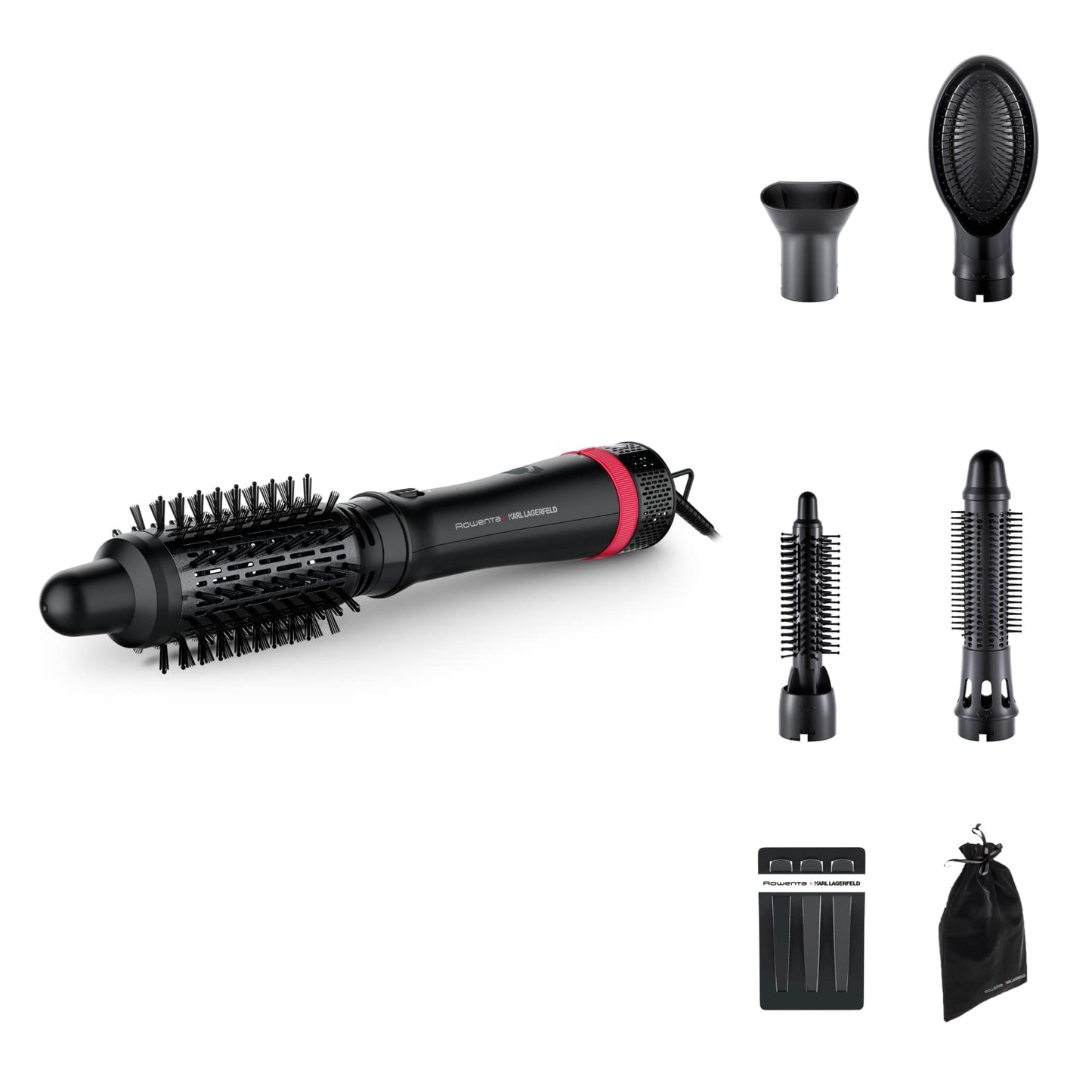 Rowenta x Karl Lagerfeld CF635L Express Style Siltuma gaisa suka | 5-in-1 stila suka | Keratīna un mirdzoša pārklājuma | konstanta 60°C | visiem matu tipiem | plašs piederumu klāsts | Melna/Sarkana