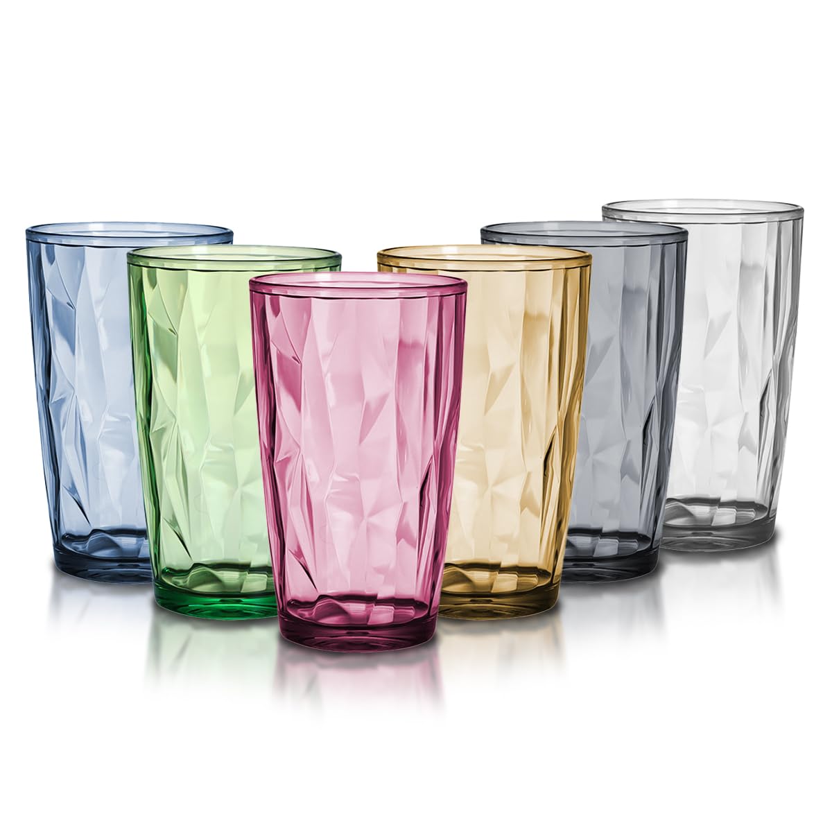 Plastmasas glāzes 6 gab., TIE-DailyNec, 470ml krāsainas dzeramās glāzes ar kristāla stikla efektu, nesaplīstošas, saliekamas glāzes piknikiem, kempingam un ballītēm