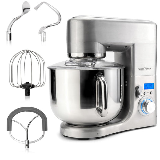 ProfiCook® virtuves mašīna ar XXXL nerūsējošā tērauda bļodu | Putotājs 10L ar 1500W motoru | Mīcīšanas mašīna ar āķiem un putotāju | Mīcīšanas mašīna ar aizsargu un atkārtotas uzpildes atveri | PC-KM 1096