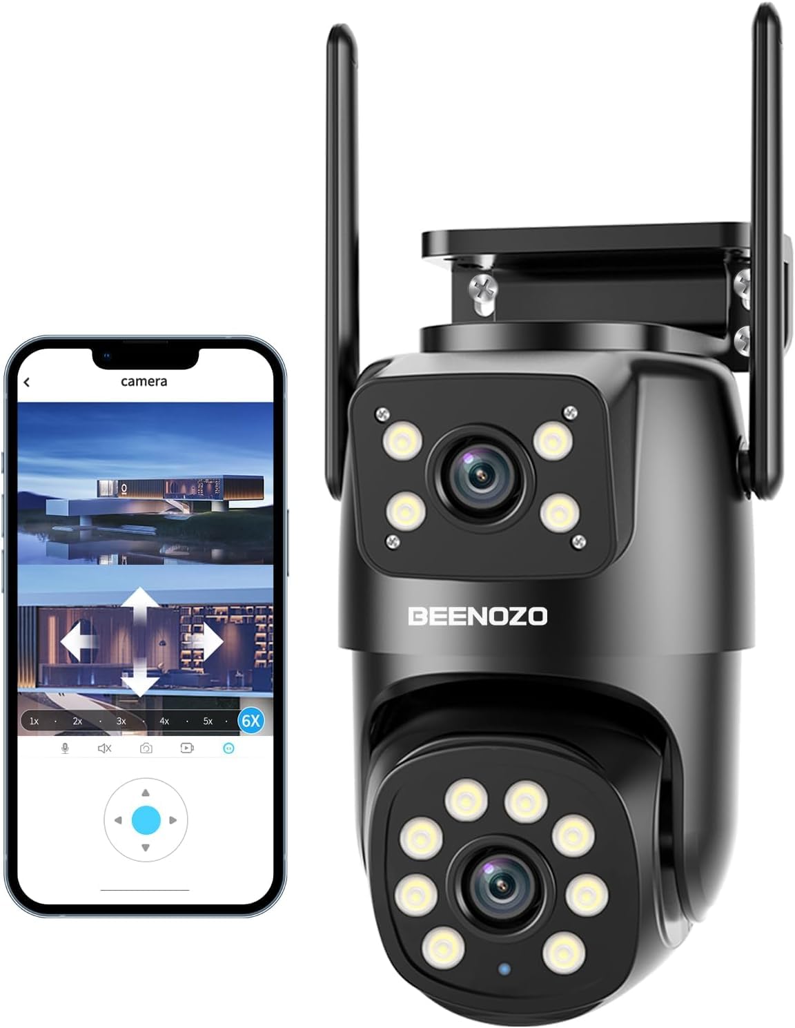 BEENOZO 4K divu objektīvu novērošanas kamera, WLAN, āra, bezvadu, saules, IP kamera, ar 360°PTZ, nakts redzamību, krāsu nakts redzamību, PIR noteikšanu, divvirzienu audio, IP66 (melna 2)