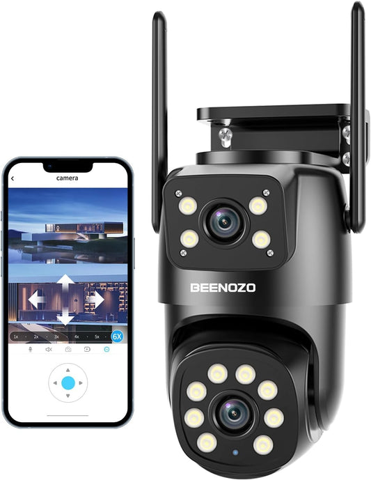 BEENOZO 4K divu objektīvu novērošanas kamera, WLAN, āra, bezvadu, saules, IP kamera, ar 360°PTZ, nakts redzamību, krāsu nakts redzamību, PIR noteikšanu, divvirzienu audio, IP66 (melna 2)