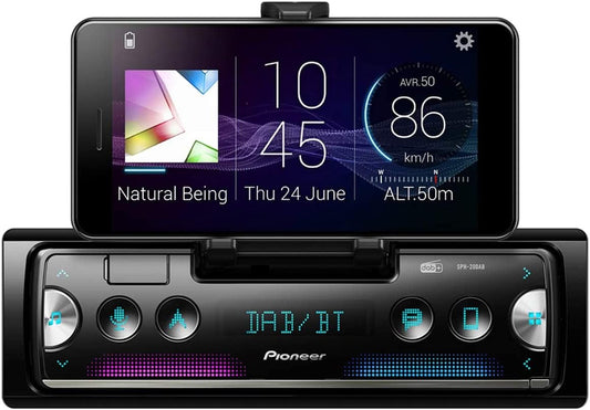 Pioneer SPH-20DAB-AN ar DAB antenu, 1-DIN viedtālruņa automašīnas radio ar RDS un DAB+, Bluetooth, USB MP3, WMA, WAV, FLAC, Android atbalstu, iPhone kontroli, Smart Sync lietotni
