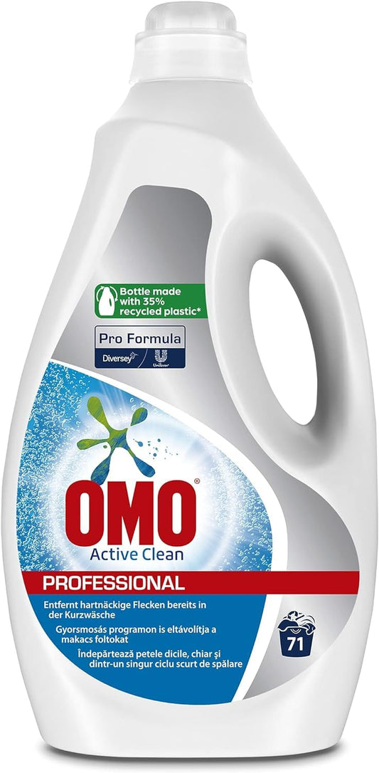 Omo Professional Active Clean šķidrais veļas mazgāšanas līdzeklis, īpaši efektīvs pret noturīgiem traipiem, šķidrs universālais mazgāšanas līdzeklis ar aktīvo formulu, 5L / 71 mazgāšanas reizes
