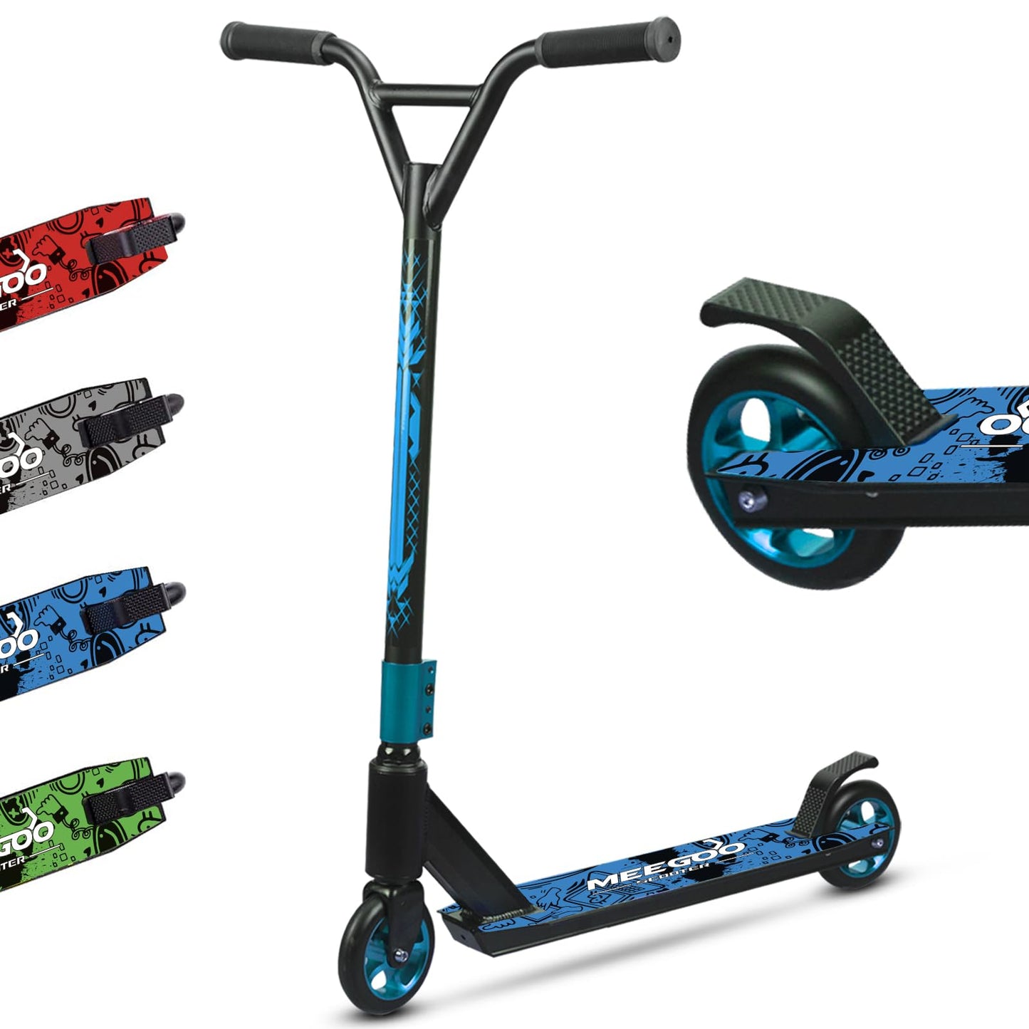 MEE GOO Pro freestyle triku skrejritenis ar ABEC-10 gultņiem, alumīnija sakausējuma riteņiem un vieglu rāmi līdz 100 kg, parkam un iesācējiem, zils