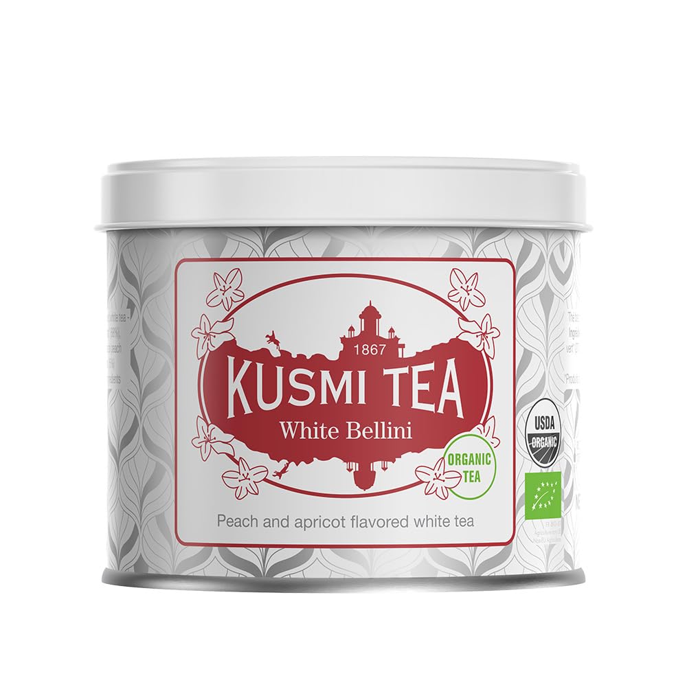 Kusmi Tea White Bellini, bio baltā tēja ar persiku un aprikozi, aromatizēta beramā tēja, 90 g metāla kārbā, apm. 50 tases