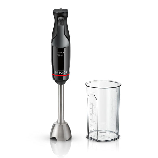 Bosch rokas mikseris ErgoMaster sērija 4, 1000 vati, nerūsējošā tērauda maisīšanas stienis, maisīšanas/mērīšanas krūze, melns
