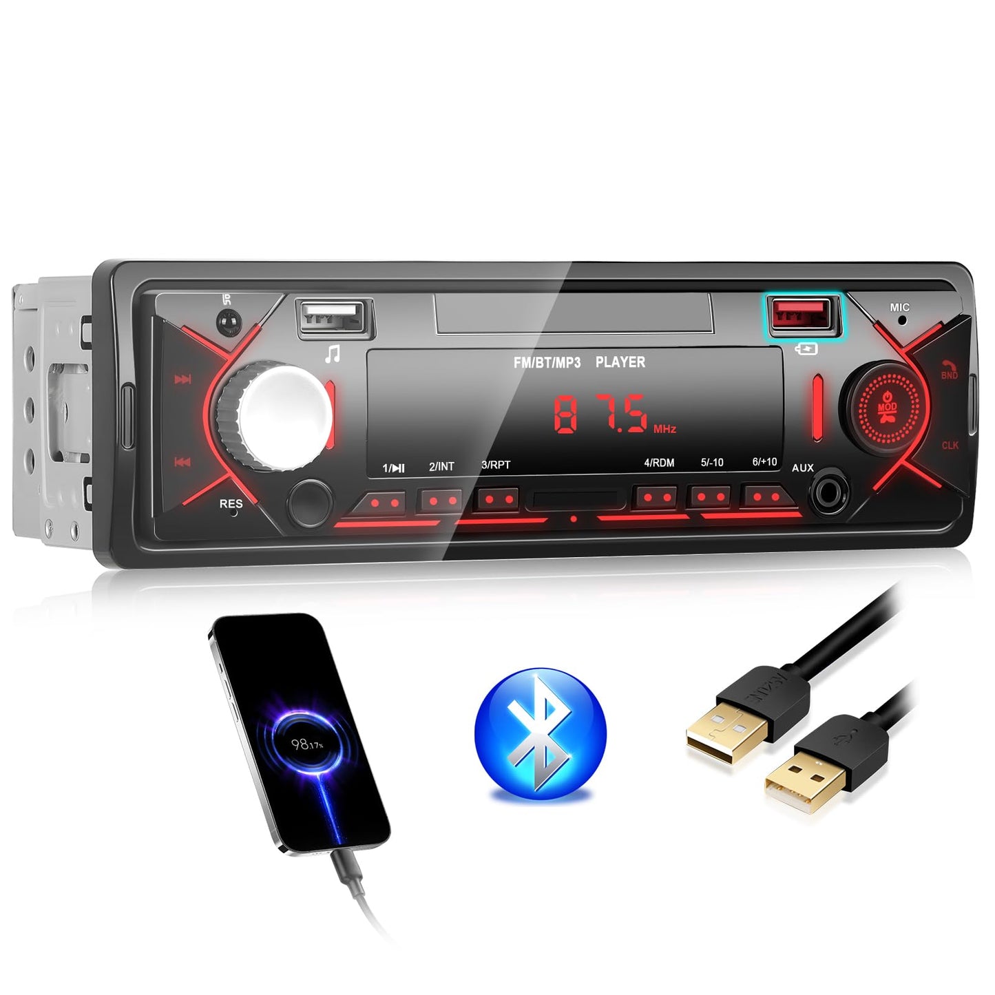 GOHHDL Bluetooth autoradio 1 DIN, automagnetola ar FM radio, AUX/TF, USB atskaņošanu un uzlādi, diska ieeju, laika rādījumu