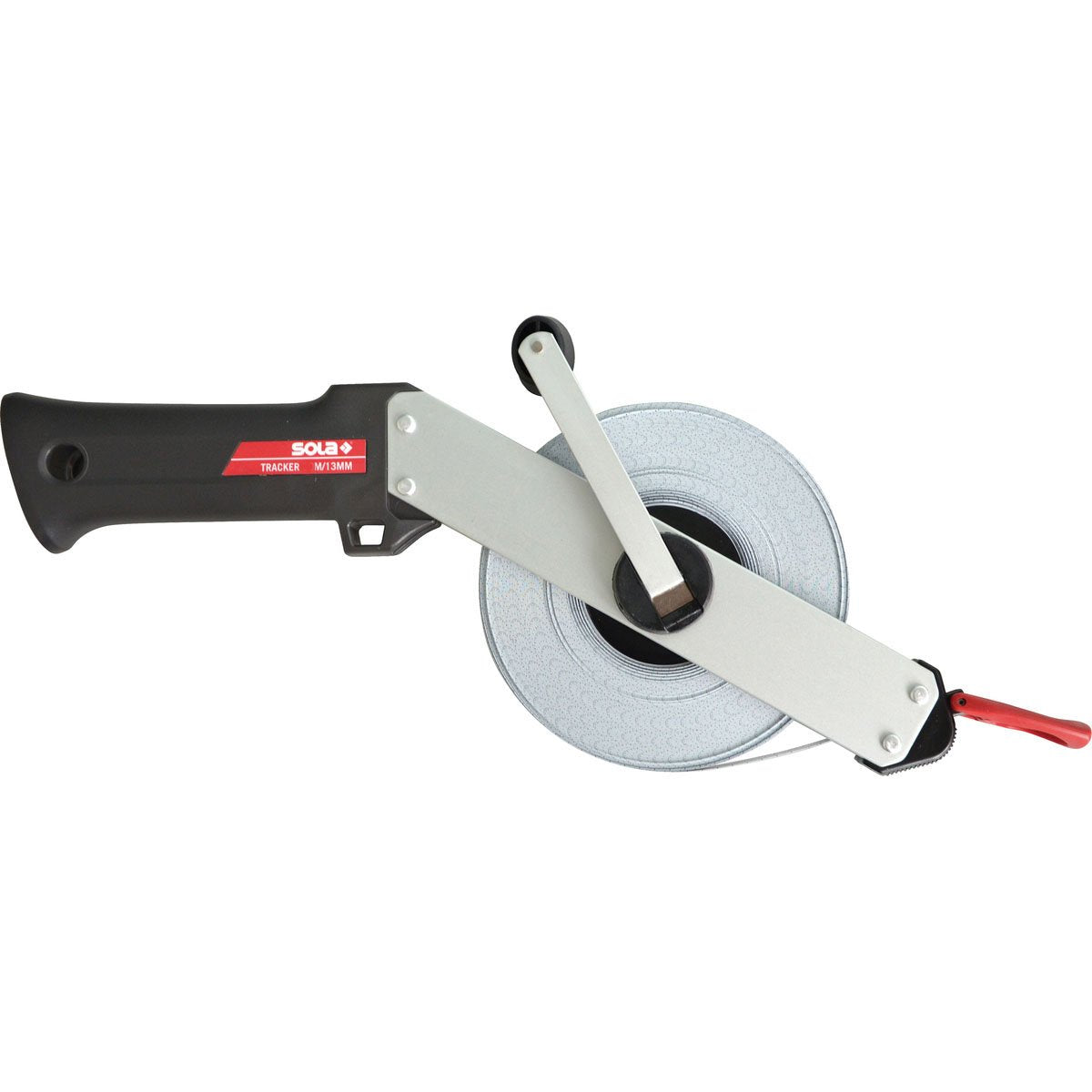 Mērlente SOLA TRACKER R 30m / 13mm, tērauda lenta, balti lakota ar mm skalu, precizitātes klase II, multifunkcionāls gala āķis, 20m, 30m, 50m