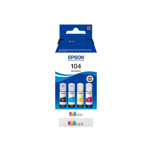 Epson EcoTank 104 - oriģinālā tinte pudelēs, četru krāsu komplekts, ilgmūžīgs un ekonomisks risinājums drukāšanai.